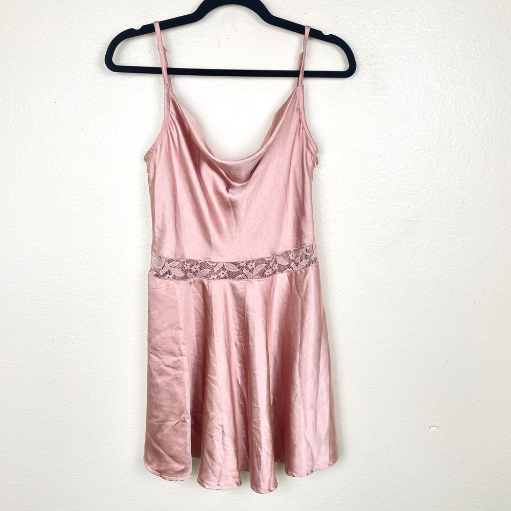 Womens Dress Sz L Satin Coquette Fairy Ballet Slip Mini Skater Lace Cowl Party